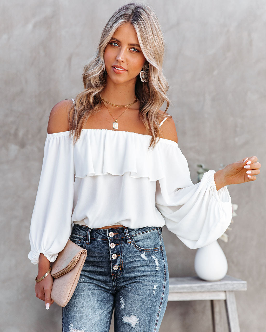 Sincere Balloon Sleeve Cold Shoulder Blouse - White