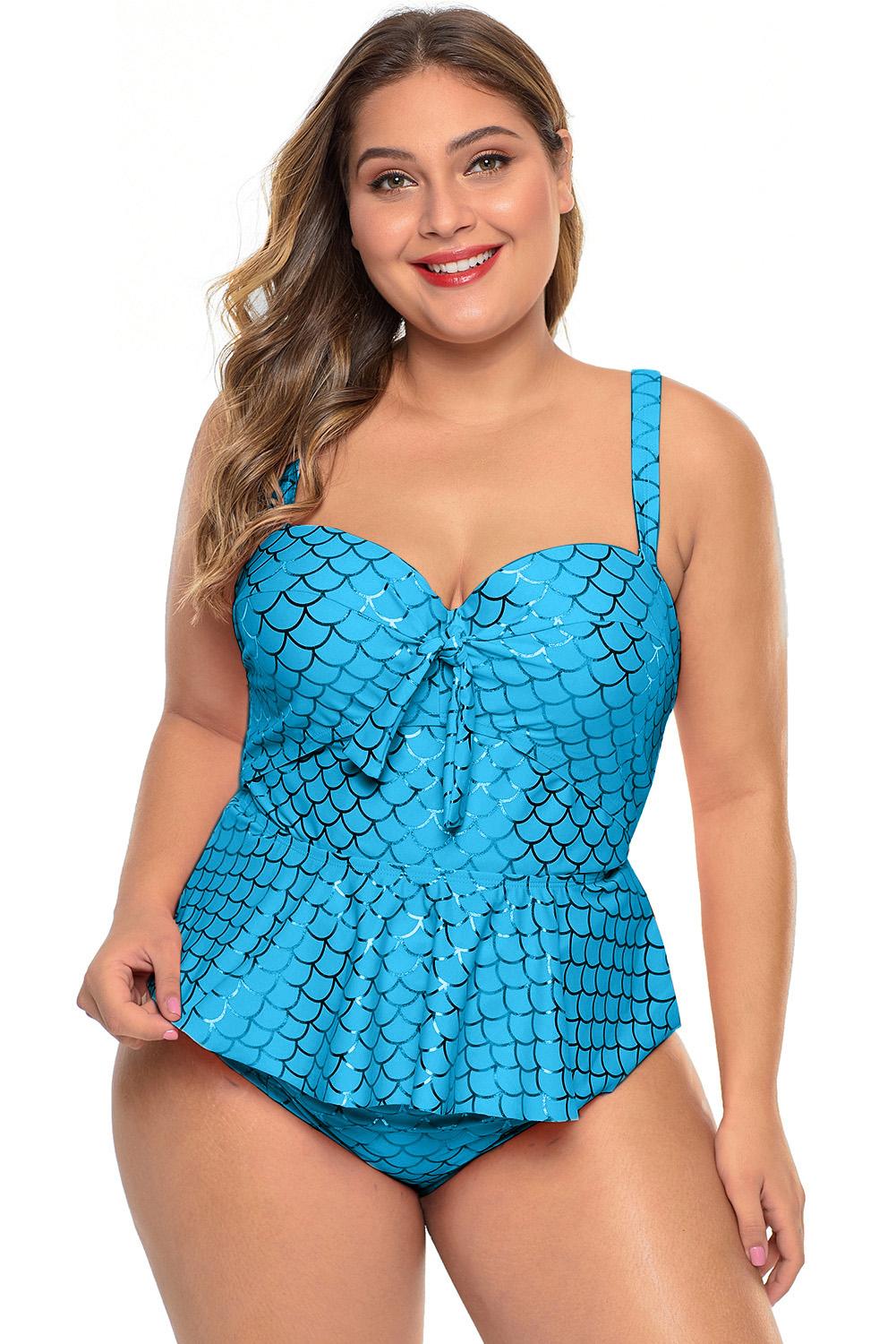 Himmelblauer Neckholder-Tankini-Badeanzug mit Schößchen in Übergröße