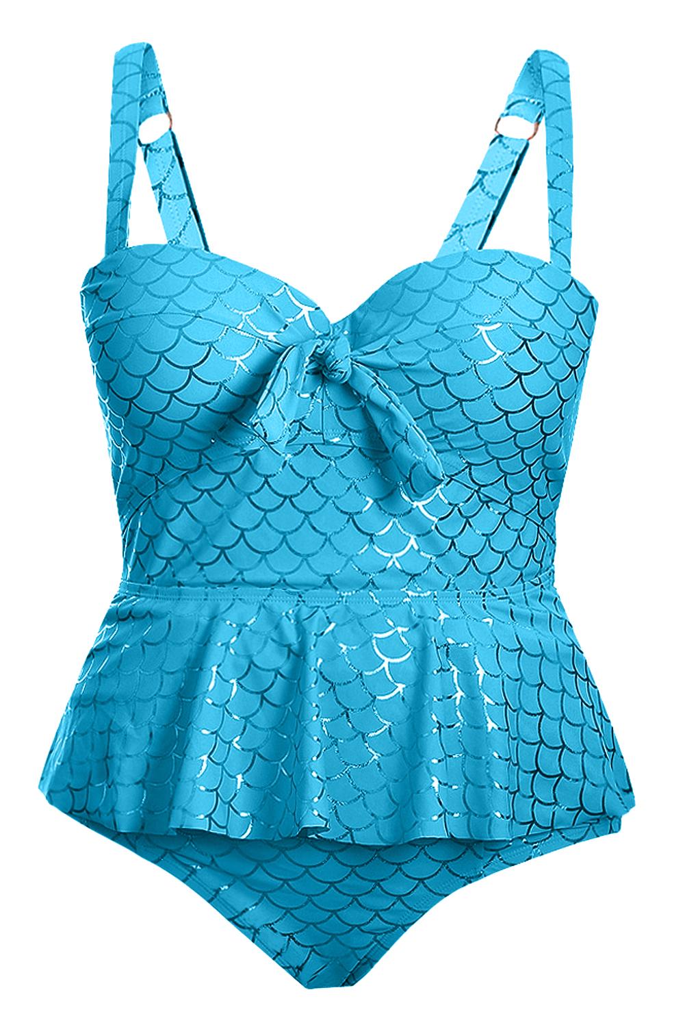 Himmelblauer Neckholder-Tankini-Badeanzug mit Schößchen in Übergröße