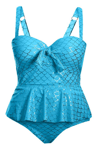 Maillot de bain tankini péplum bleu ciel grande taille à col licou