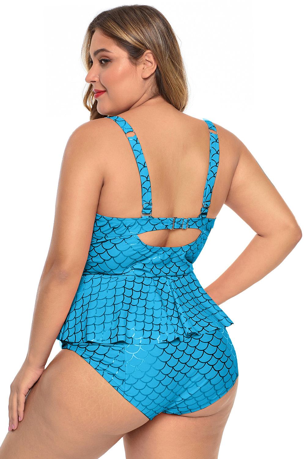 Himmelblauer Neckholder-Tankini-Badeanzug mit Schößchen in Übergröße