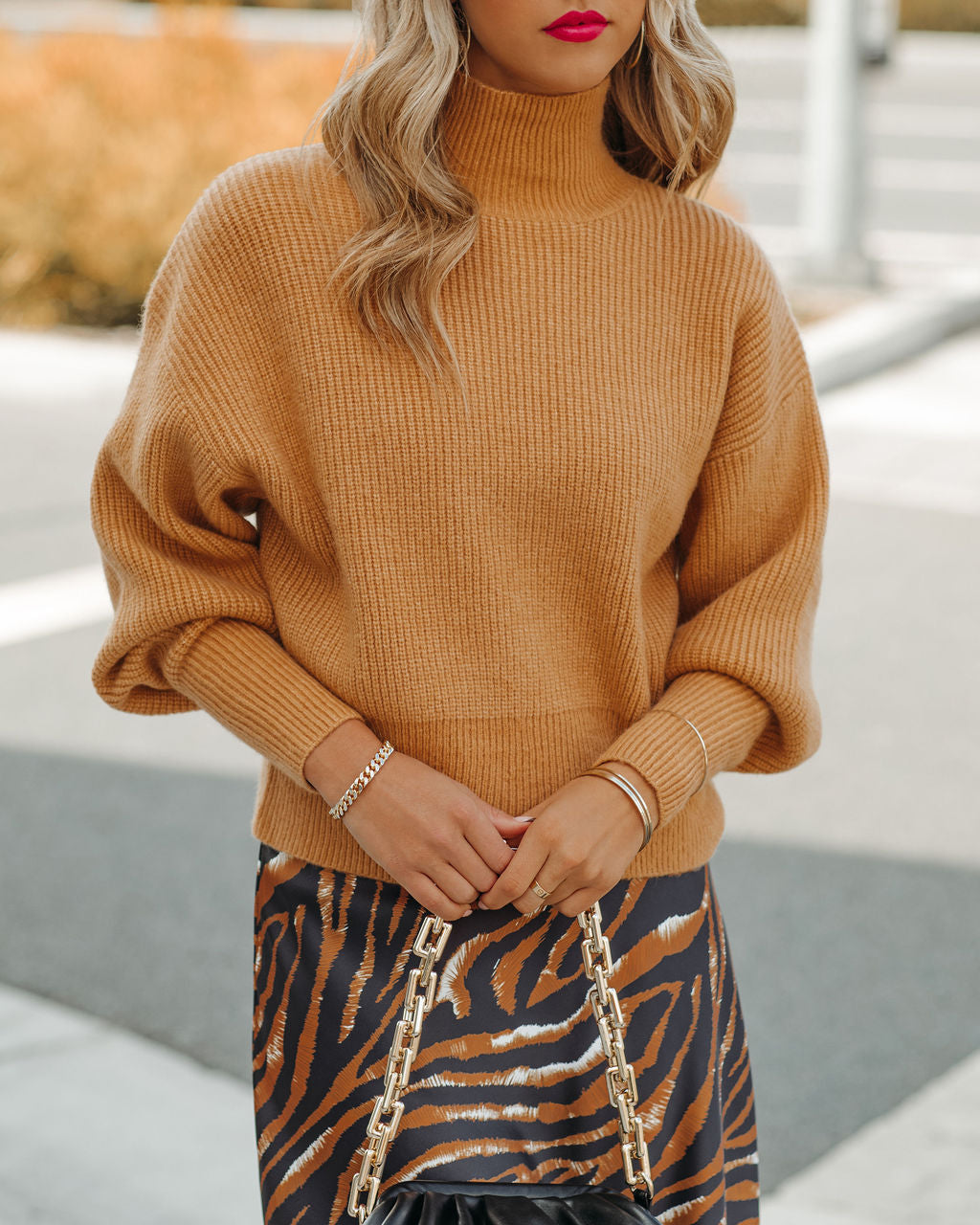 Small Town Mock Neck Knit Sweater - Camel