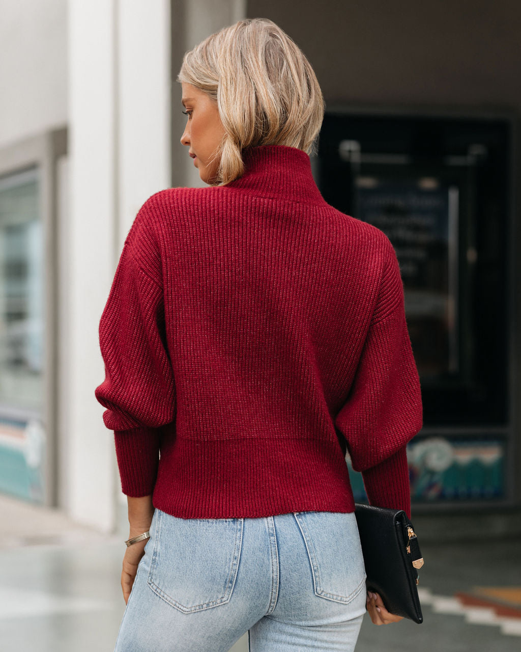 Small Town Mock Neck Knit Sweater - Wine