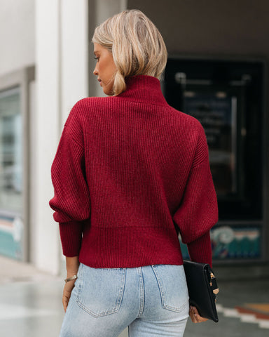 Small Town Mock Neck Knit Sweater - Wine