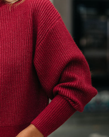 Small Town Mock Neck Knit Sweater - Wine