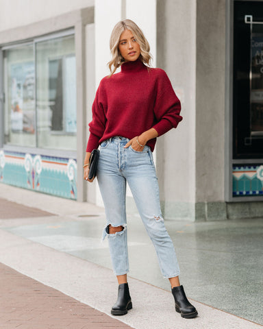 Small Town Mock Neck Knit Sweater - Wine