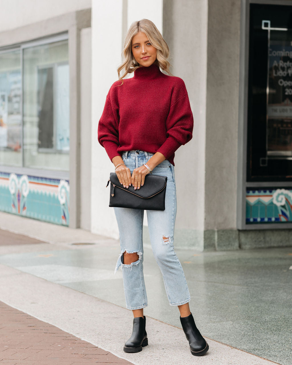 Small Town Mock Neck Knit Sweater - Wine