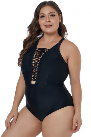 Solid Black Crisscross Plunge V Neck Plus One Piece Swimwear