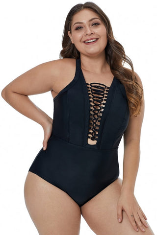Solid Black Crisscross Plunge V Neck Plus One Piece Swimwear