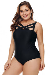 Solid Black Hollow-out Neck Plus Size One Piece Swimwear