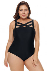 Solid Black Hollow-out Neck Plus Size One Piece Swimwear