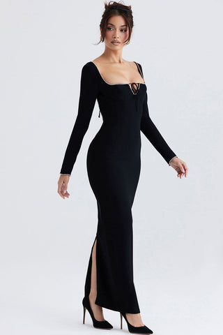 Sparkly Crystal Embellished Tie Neck Long Sleeve Formal Maxi Dress - Black