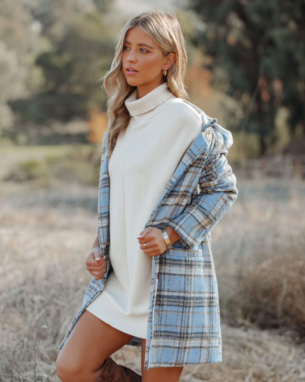 Stan Pocketed Plaid Coat - Light Blue