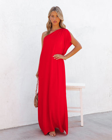 Strike A Pose – Statement-Maxikleid mit One-Shoulder-Träger – Tomatenrot 