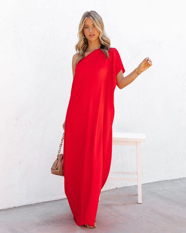 Strike A Pose – Statement-Maxikleid mit One-Shoulder-Träger – Tomatenrot 