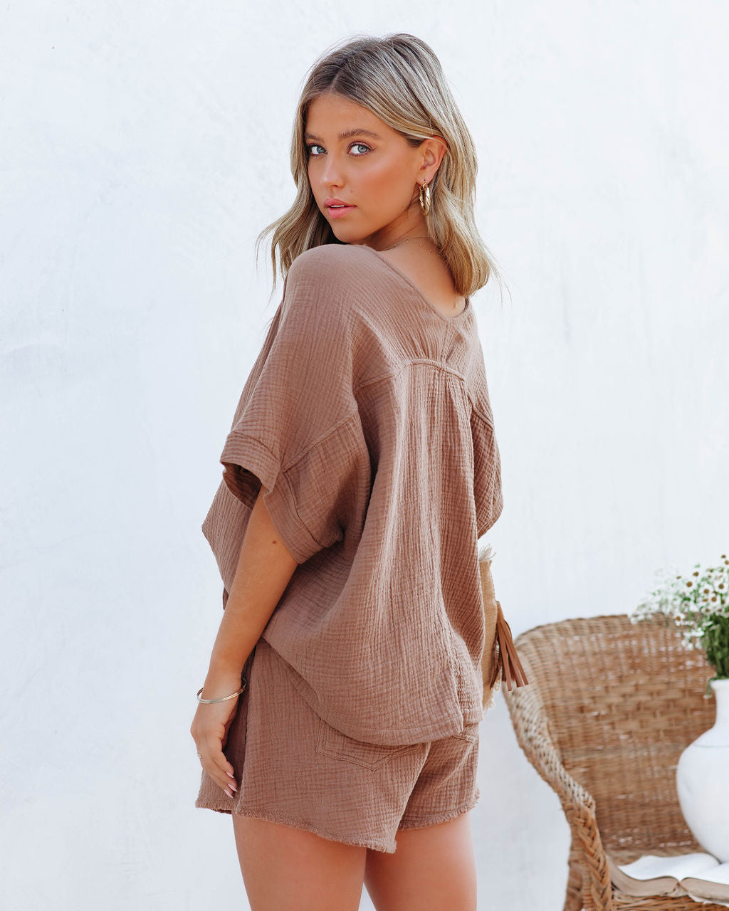 Sumner Cotton Relaxed V-Neck Top - Camel