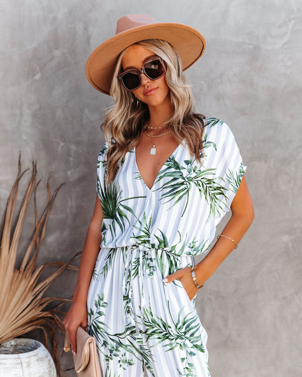 Sunset View Pocketed Palm Print Striped Jumpsuit - Blue