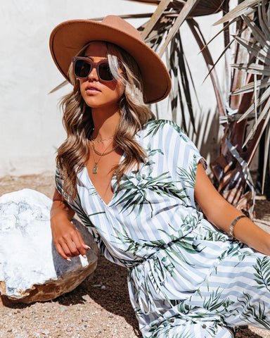 Sunset View Pocketed Palm Print Striped Jumpsuit - Blue