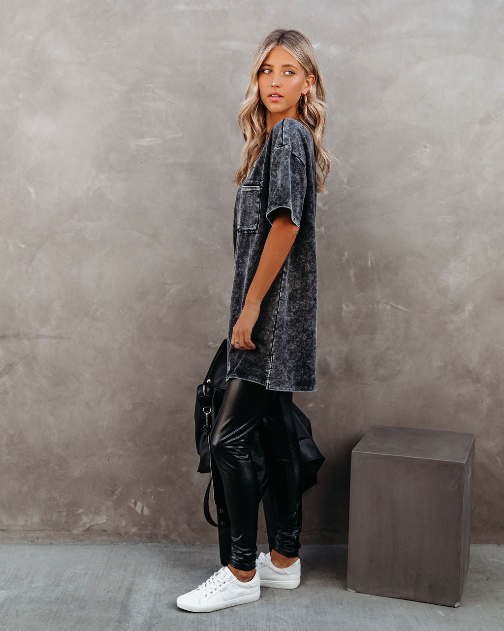 Ttyl Cotton Mineral Wash Oversized Tee - Charcoal