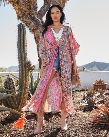 Kimono Duster métallisé imprimé Turks &amp; Caicos - Corail Multi 
