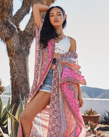 Kimono Duster métallisé imprimé Turks &amp; Caicos - Corail Multi 