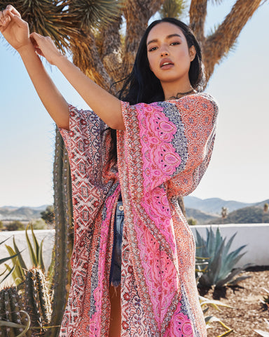 Kimono Duster métallisé imprimé Turks &amp; Caicos - Corail Multi 