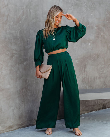 Tamra Pocketed Satin Pants - Dark Green