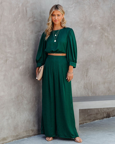 Tamra Satin Crop Drawstring Blouse - Dark Green