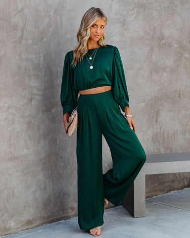 Tamra Satin Crop Drawstring Blouse - Dark Green