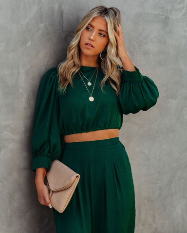 Tamra Satin Crop Drawstring Blouse - Dark Green