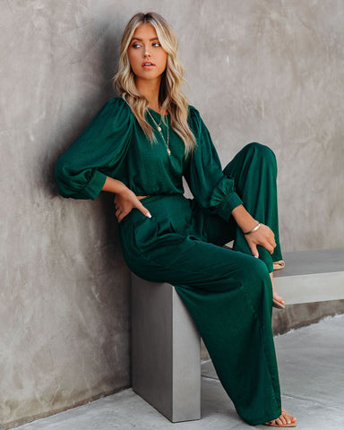 Tamra Satin Crop Drawstring Blouse - Dark Green