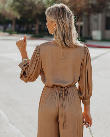 Tamra Satin Crop Drawstring Blouse - Camel