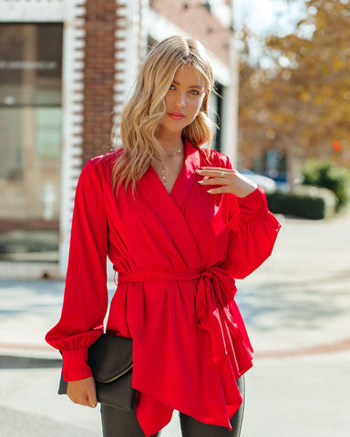 The Sweetest Satin Wrap Blouse - Ruby