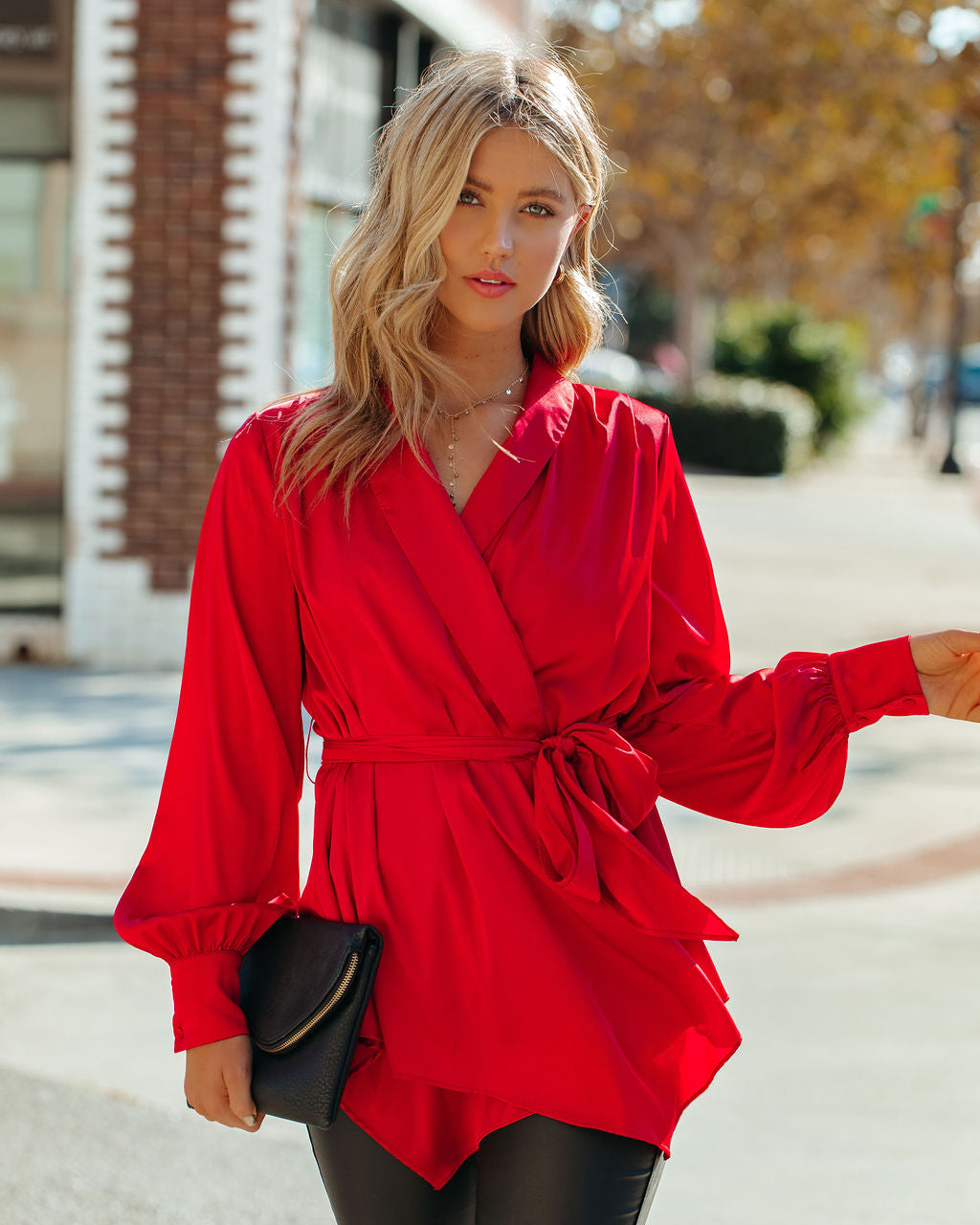 The Sweetest Satin Wrap Blouse - Ruby