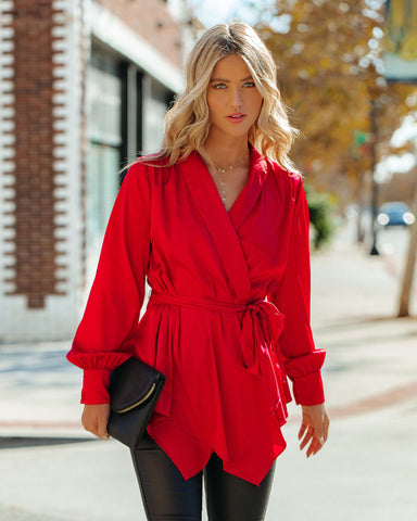 The Sweetest Satin Wrap Blouse - Ruby