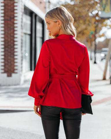 The Sweetest Satin Wrap Blouse - Ruby