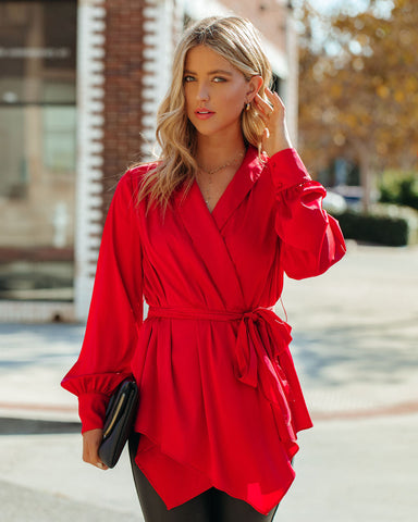 The Sweetest Satin Wrap Blouse - Ruby