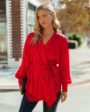 The Sweetest Satin Wrap Blouse - Ruby