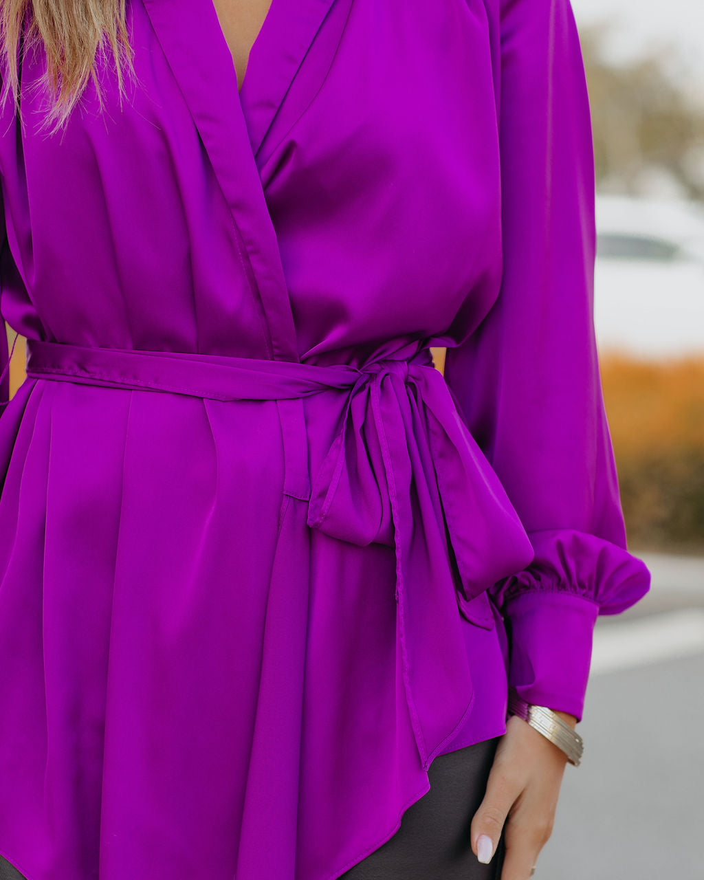 The Sweetest Satin Wrap Blouse - Orchid