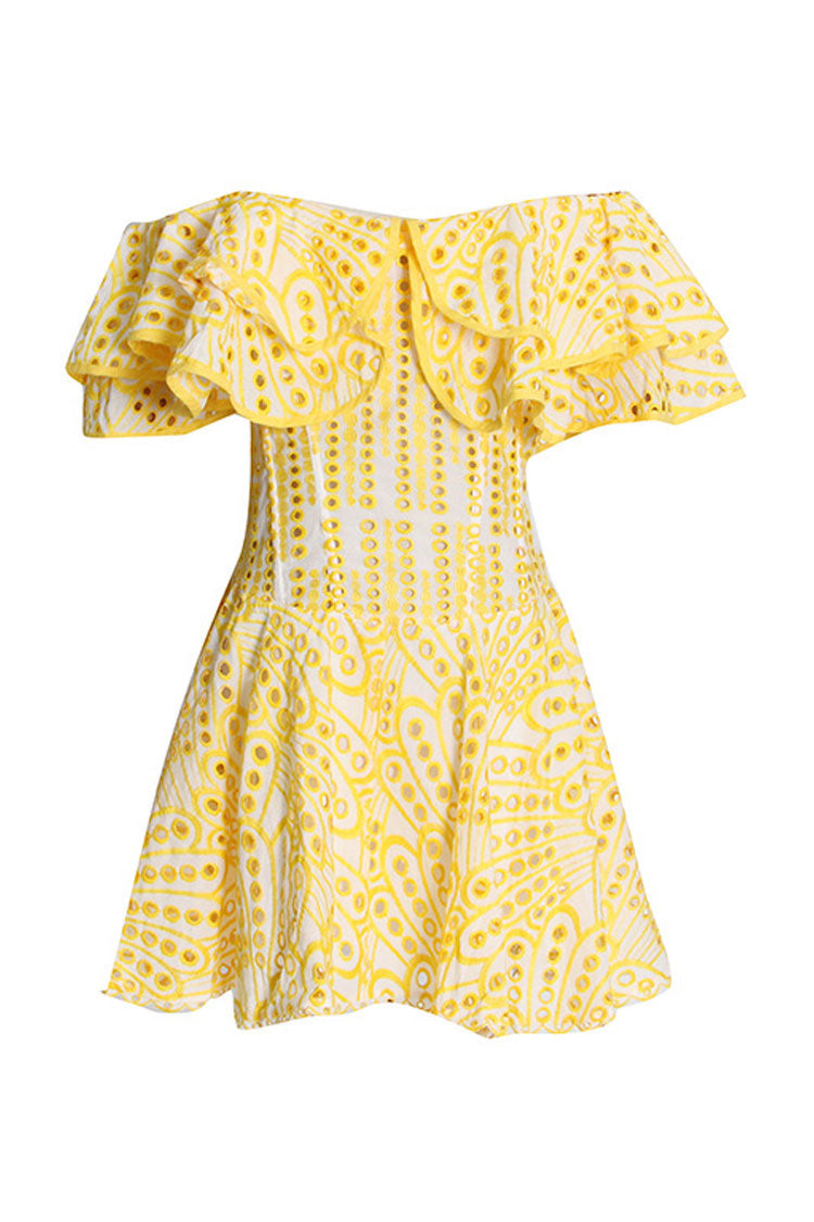 Robe courte à volants et épaules dénudées en broderie anglaise - Jaune