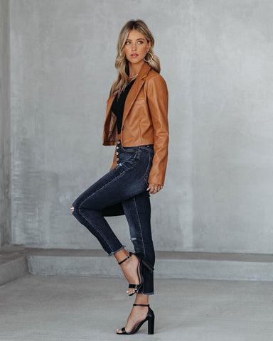 Tiller Faux Leather Crop Blazer - Biscotti