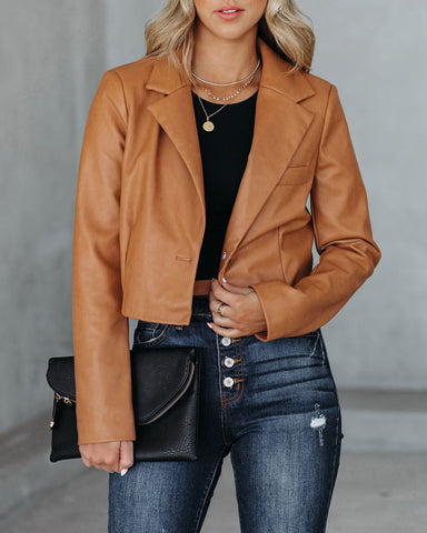 Tiller Faux Leather Crop Blazer - Biscotti