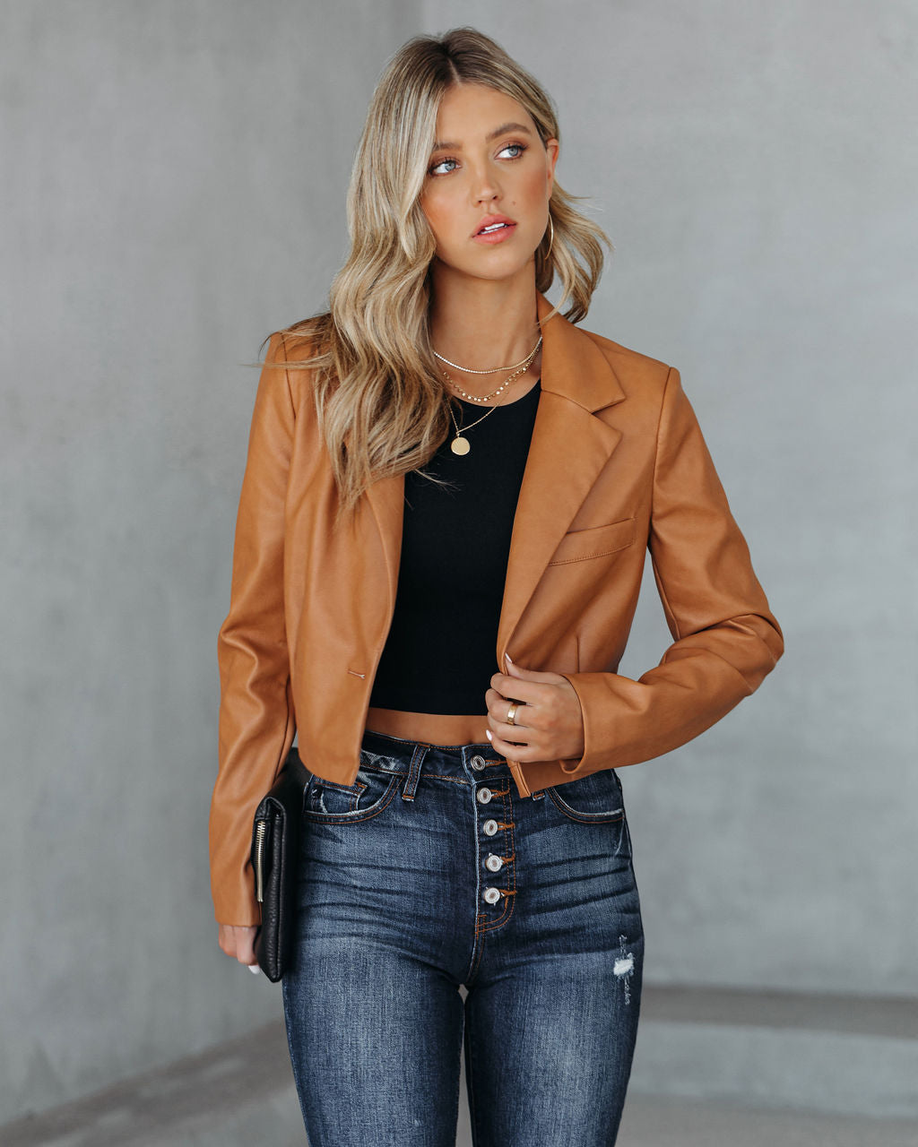 Tiller Faux Leather Crop Blazer - Biscotti