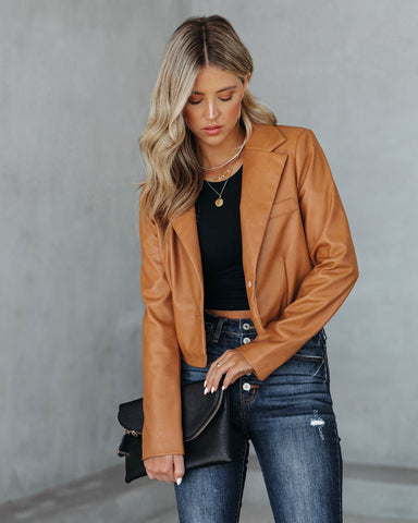 Tiller Faux Leather Crop Blazer - Biscotti