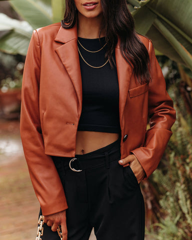 Tiller Faux Leather Crop Blazer - Pecan