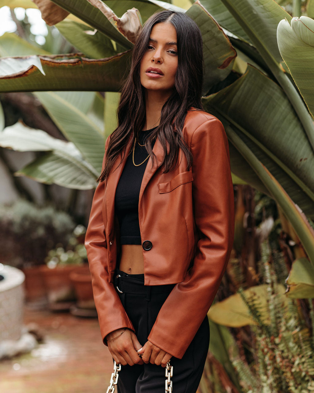 Tiller Faux Leather Crop Blazer - Pecan