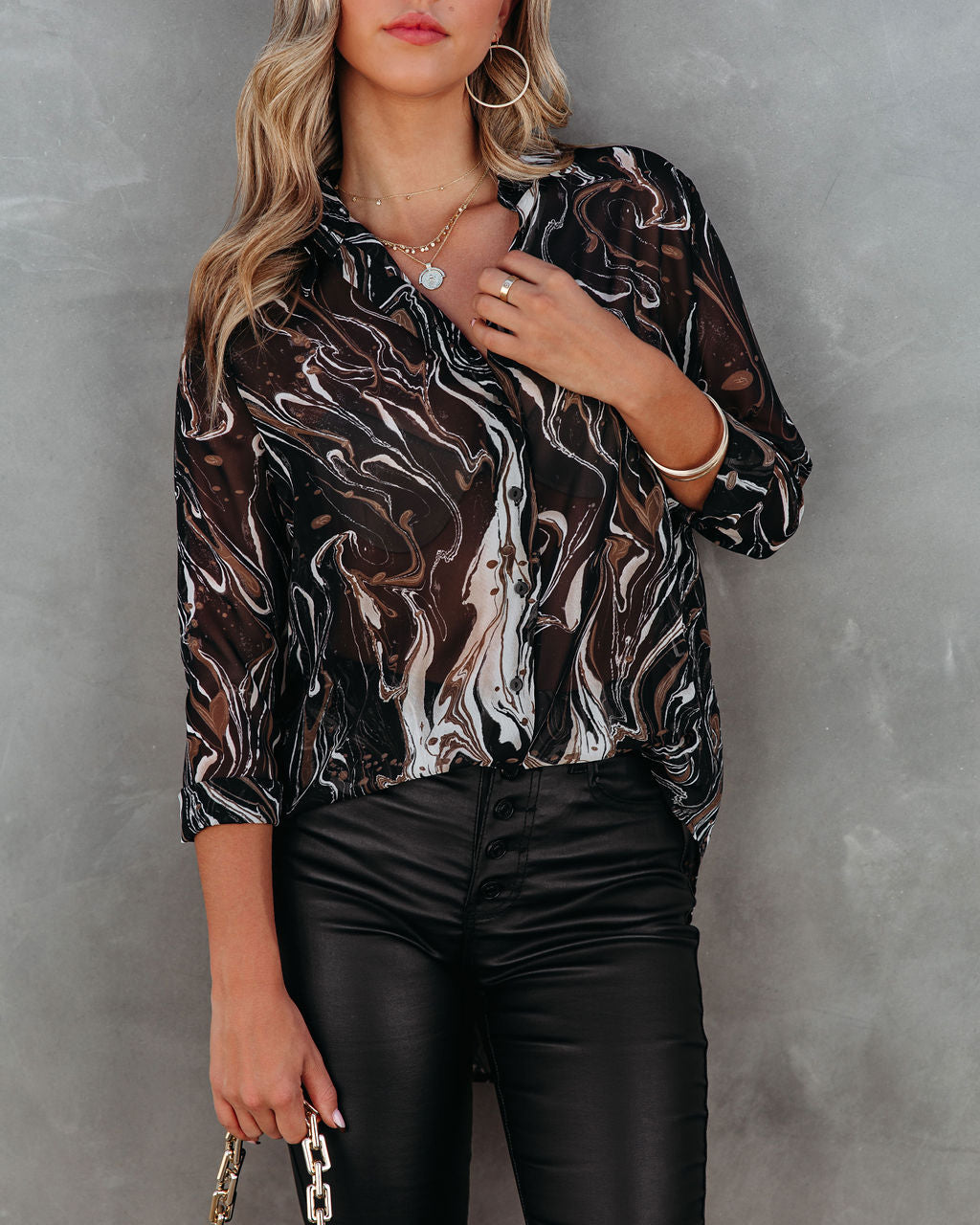 Unsteady Marble Printed Button Down Blouse