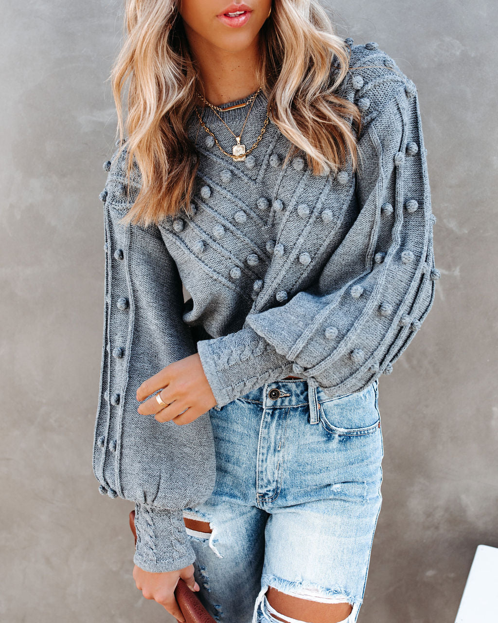Upstage Cropped Balloon Sleeve Pom Sweater