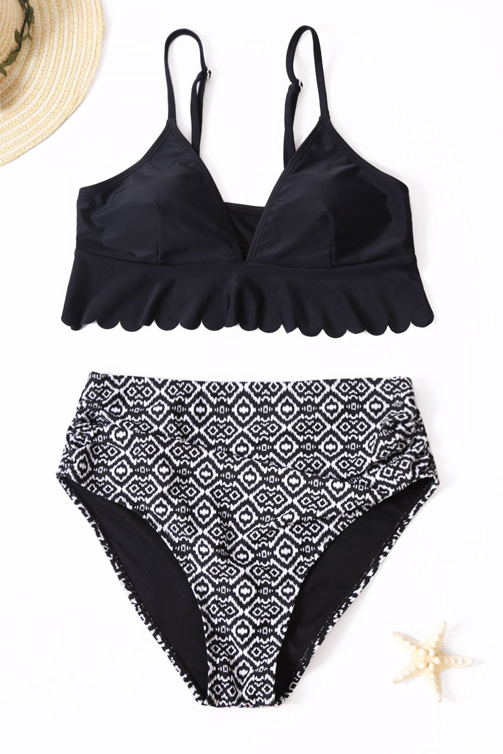 Black V-neck Scalloped Underbust High Waist Bikini Set