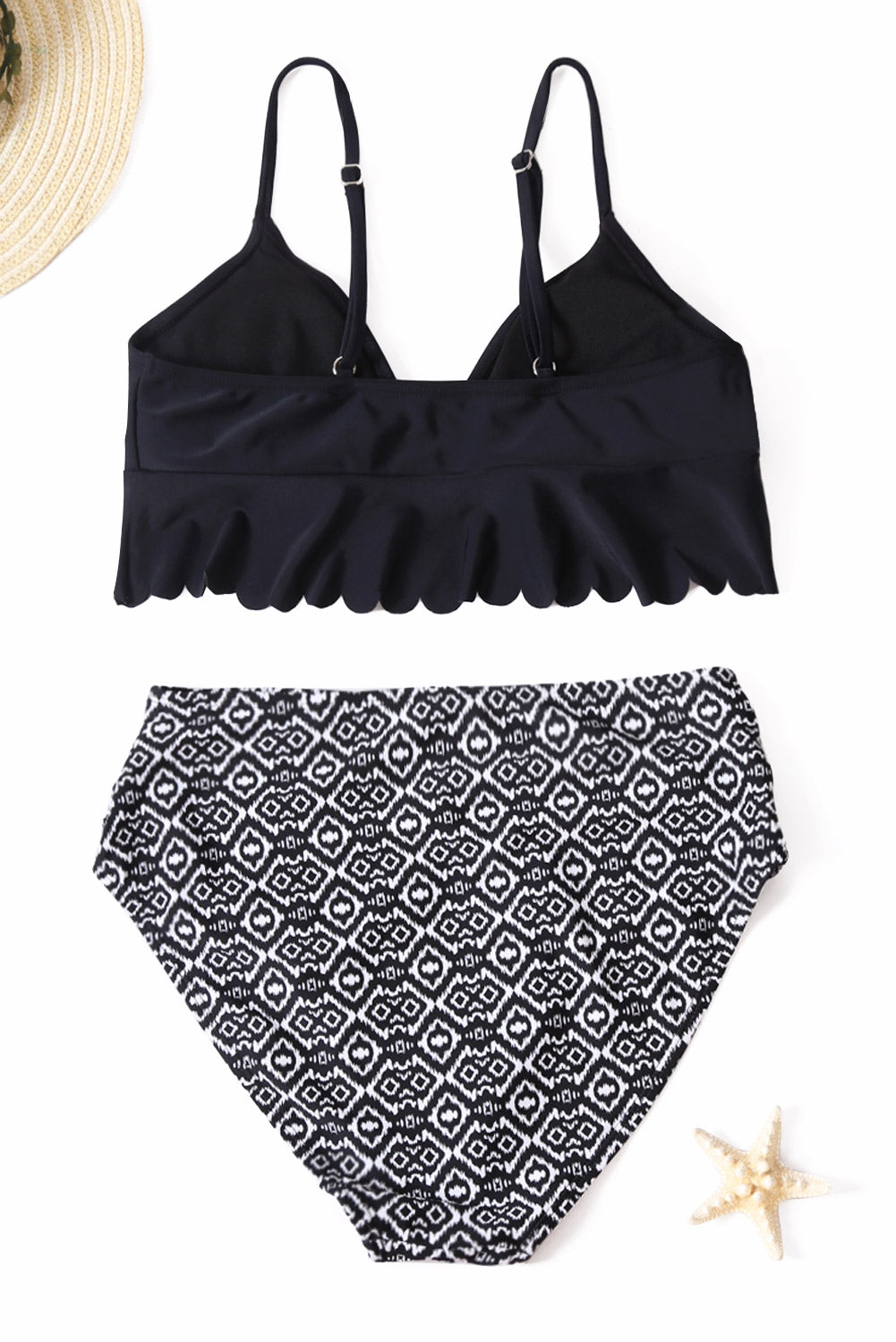 Black V-neck Scalloped Underbust High Waist Bikini Set